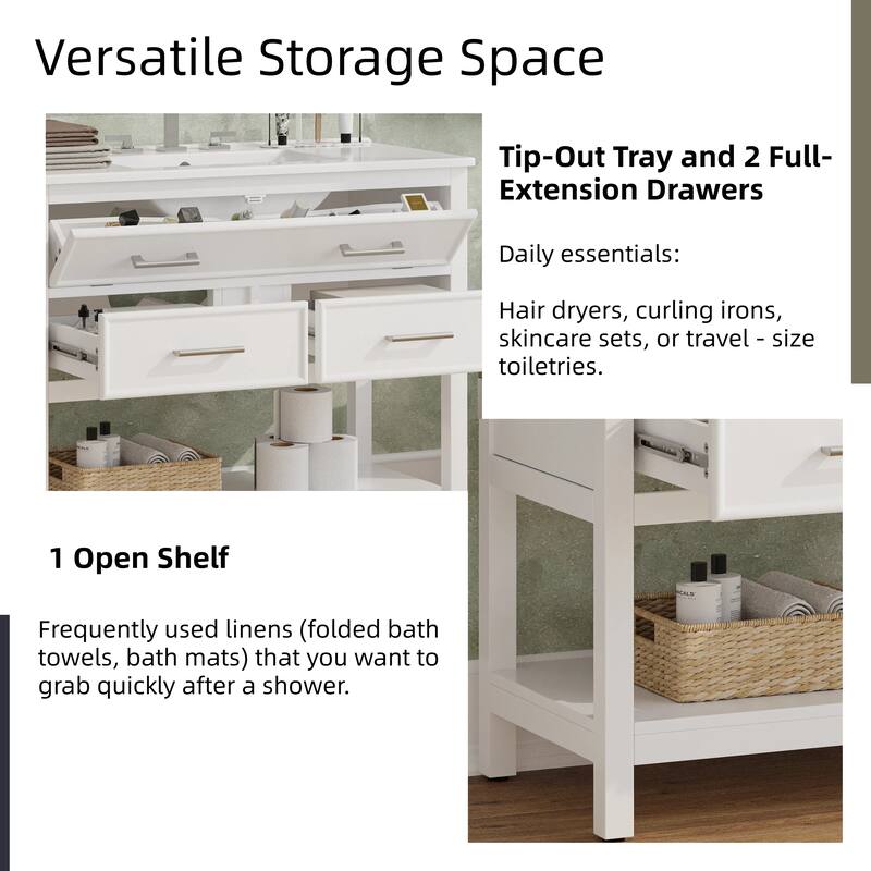 36" Bathroom Vanity with Ceramic Sink, Tip-Out Tray, Full-Extension Drawers, Soft-Close Slides, and Open Shelf
