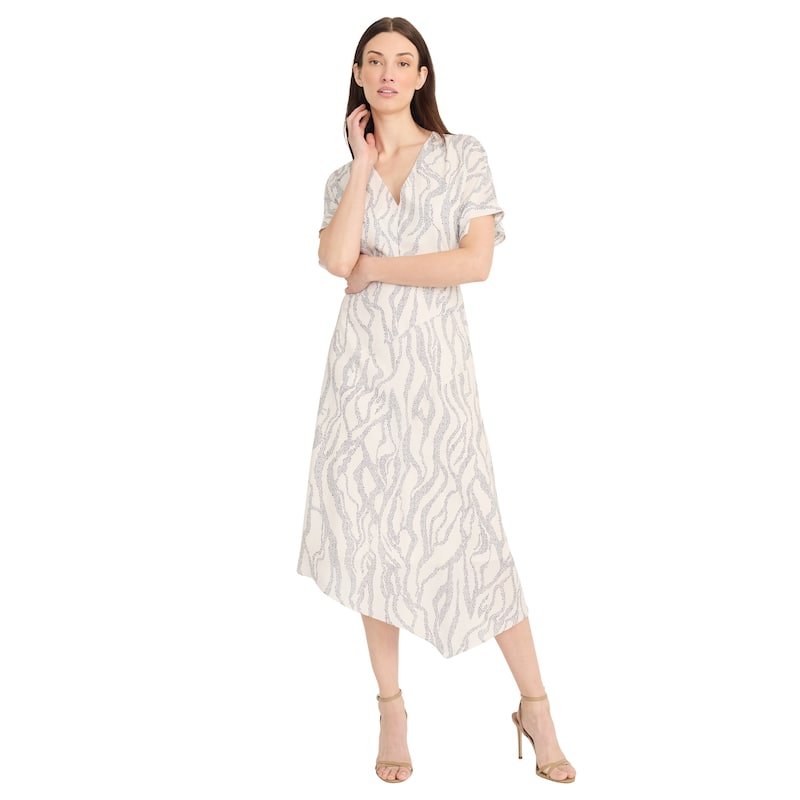V-Neck Short Sleeve A-Line Midi Dress With Asymmetric Hem And Back Zipper