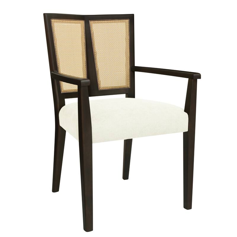 Set of 2 Modern Wooden Arm Dining Chairs with Rattan Backrest, Upholstered Fabric Seat, Rubberwood Frame
