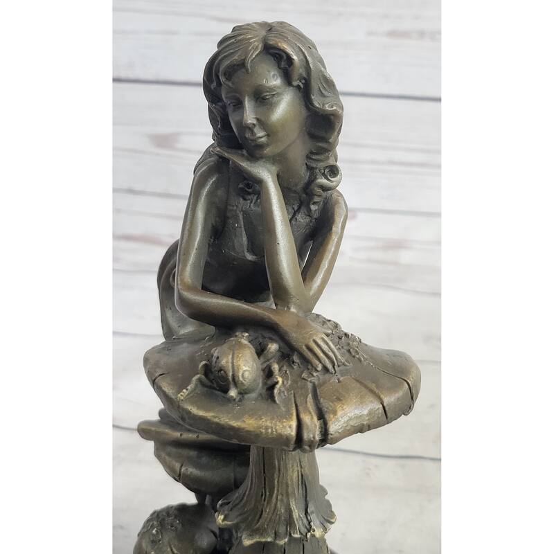 Girl Sitting On Mushroom Toadstool Alice Wonderland Bronze Figure Sculpture 10 Inches X 5 Inches