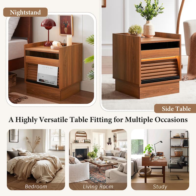 Mid Century Modern Nightstand with Charging Station and LED lights, Night Stand with 2 Drawers, Bedside Tables/End Table