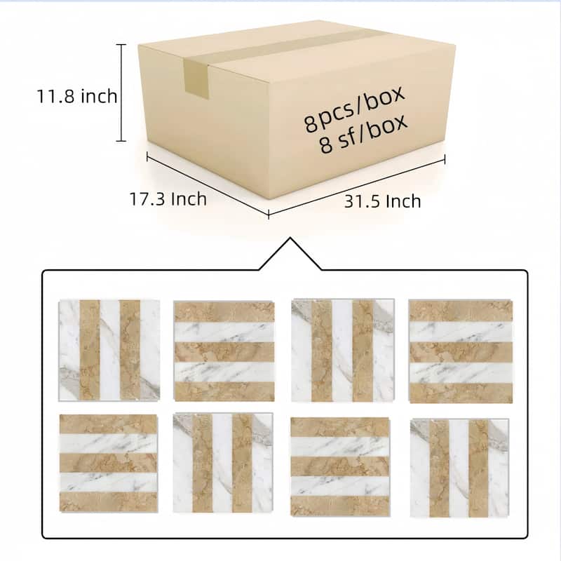 Roomfitters Waterjet Marble Tile for Floor and Wall, Polished Natural Stone, Genuine Marble, 4-Piece Boxe, White Gold