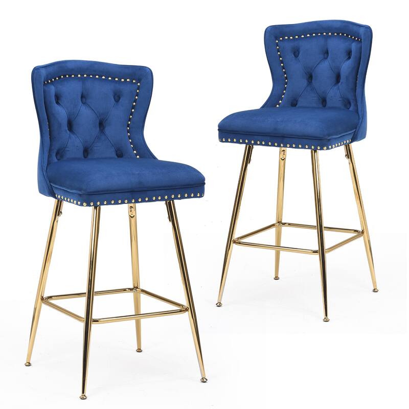 Bar Stools Set of 2, Velvet Counter Height Bar Stools with Metal Legs, Button Tufted and Nailheads Trim - Blue