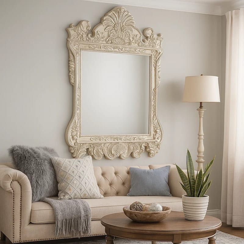 61 Inch Wall Mirror, Oversized Floral Carving, Champagne Silver