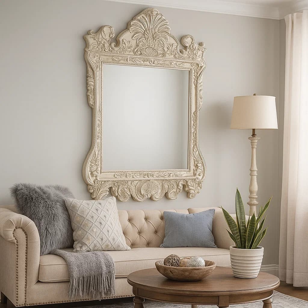 61 Inch Wall Mirror, Oversized Floral Carving, Champagne Silver