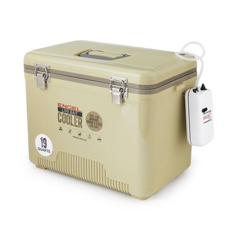 ENGEL 19 Quart Insulated Fishing Live Bait Dry Box Cooler with Water Pump, Tan