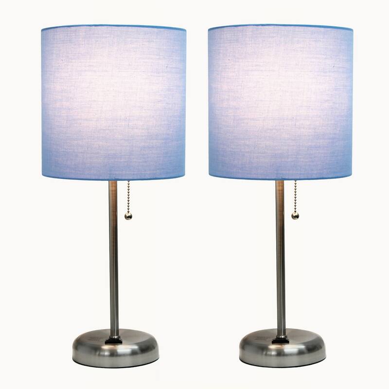19.5 in. Brushed Steel Finish Table Lamp with Blue Shade, Desk Lamp for Writing and Computer Desks, Set of 2