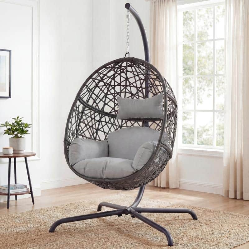 Extra Large Egg Chair with Stand, 450 lbs Capacity Hanging Basket Chair, Indoor/Outdoor Wicker Nest Swing Chair with Cushions - Light Grey