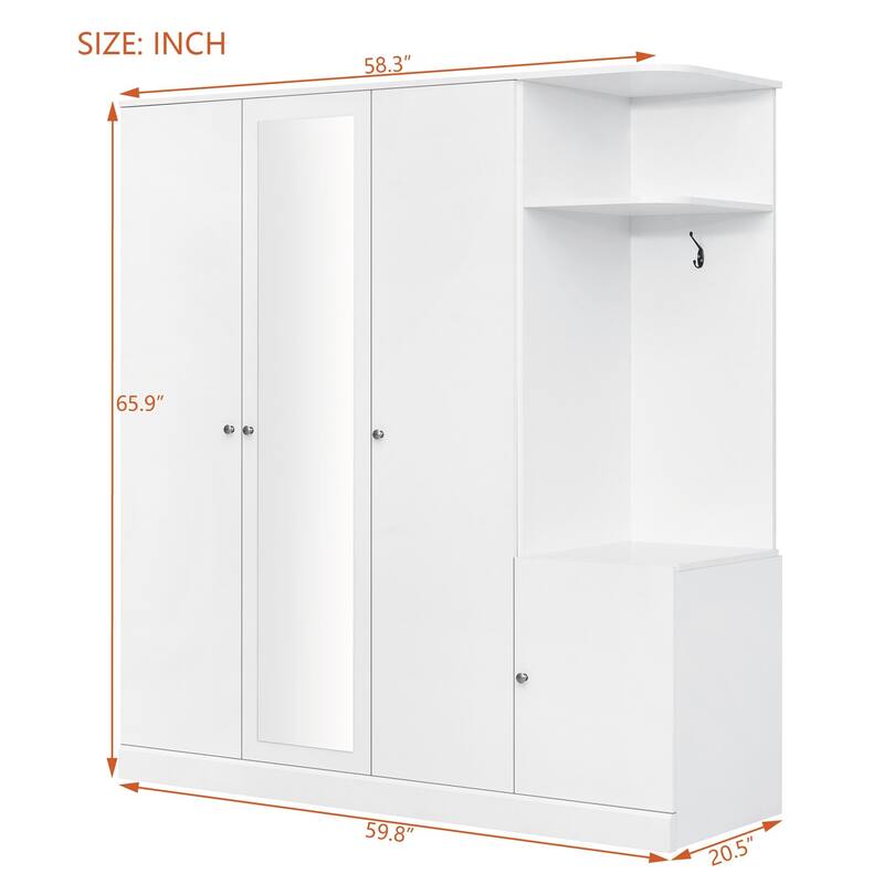 Modern Particle Board Wardrobe with Mirror, 2 Hanging Rails, 1 Drawer, Shelves and Safety Lock, 65.9" Tall