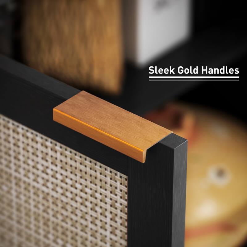Rattan Sideboard with Adjustable Shelves and Golden Handles for Kitchen Dining and Living Room Storage