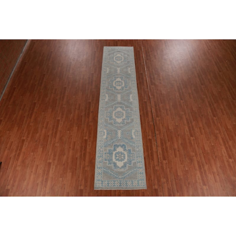 Hand Knotted Oriental 100% Wool Carpet Transitional Geometric Greys & Charcoal Oushak Runner Rug - 13' 10'' X 3' 1''