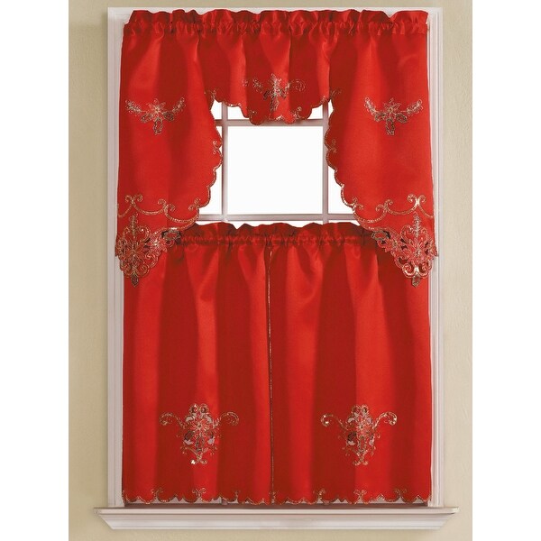 Shop Harmony 3 Piece Embroidered Kitchen Curtain Set Red