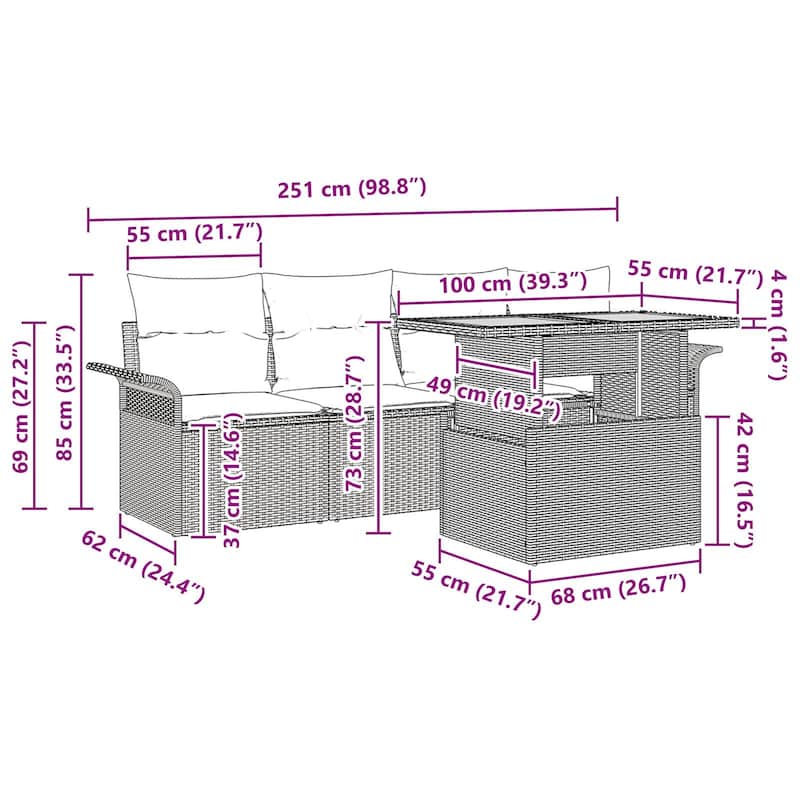vidaXL 5 Piece Garden Sofa Set with Cushions - 98.8×24.4×27.2