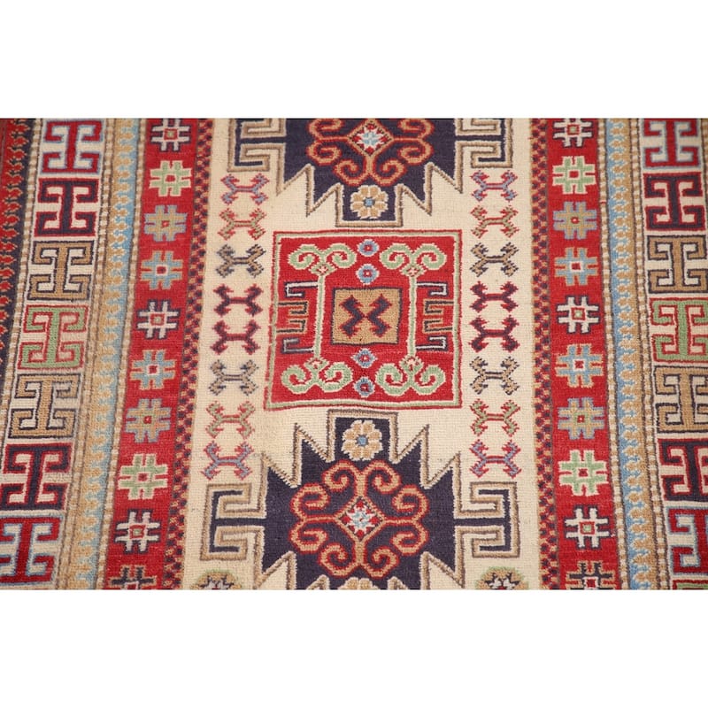 Geometric Beige Kazak Oriental Accent Rug Handmade Wool Carpet - 3'1"x 4'8"