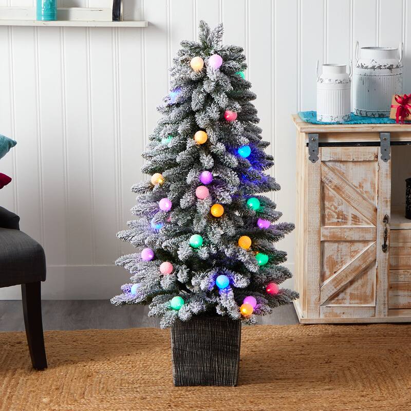 4Ft Pre-Lit Artificial Christmas Tree with Globe Lights & Planter - Holiday Home Decor - Multicolor - 48