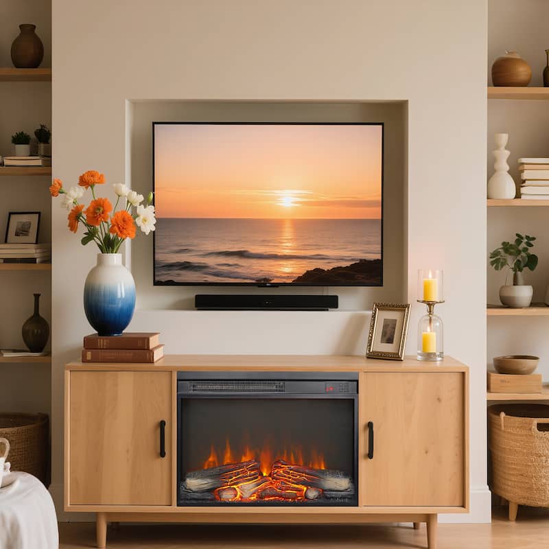 23 inch electric fireplace insert, ultra thin heater with log set & realistic flame, remote control with timer