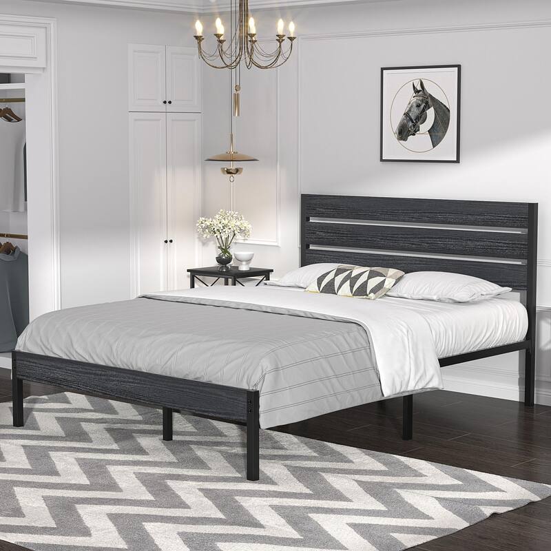 Javlergo Black Bed Frame with Wood Waterproof Scratch-Resistant Headboard Strong Metal Slats Support No Box Spring Needed
