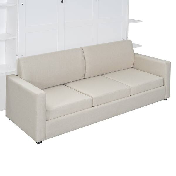 Queen Murphy Bed With Sofa & LED Lights - Solid Wood Folding Wall Bed Cabinet, Space Saver