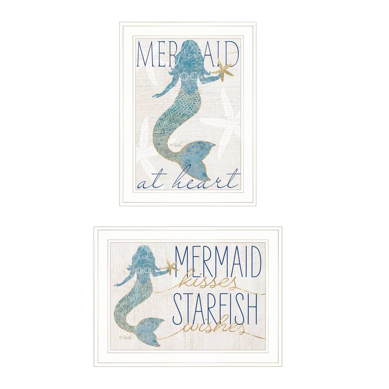 2-Piece Framed Wall Art Set - Two Mermaids, White Frame