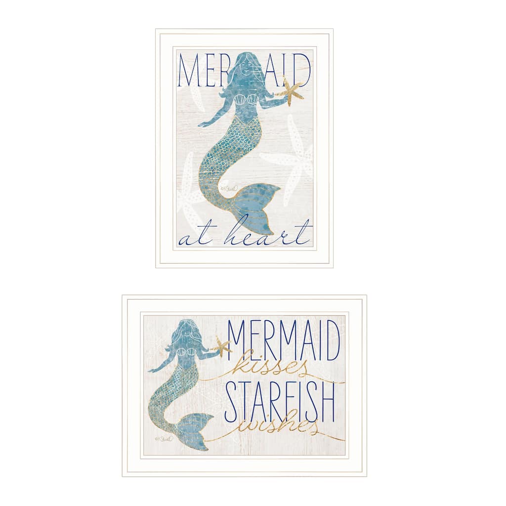 2-Piece Framed Wall Art Set - Two Mermaids, White Frame