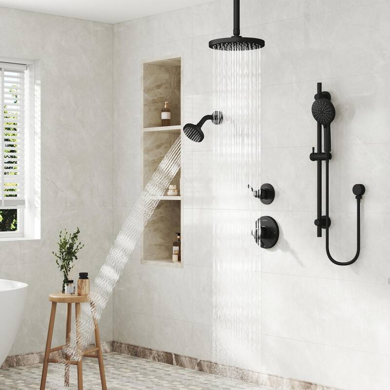 5-Spray Shower System with 8 in. Rainfall Head, 4 in. Shower Head and Handheld Shower, Valve and Adjustable Slide Bar Included