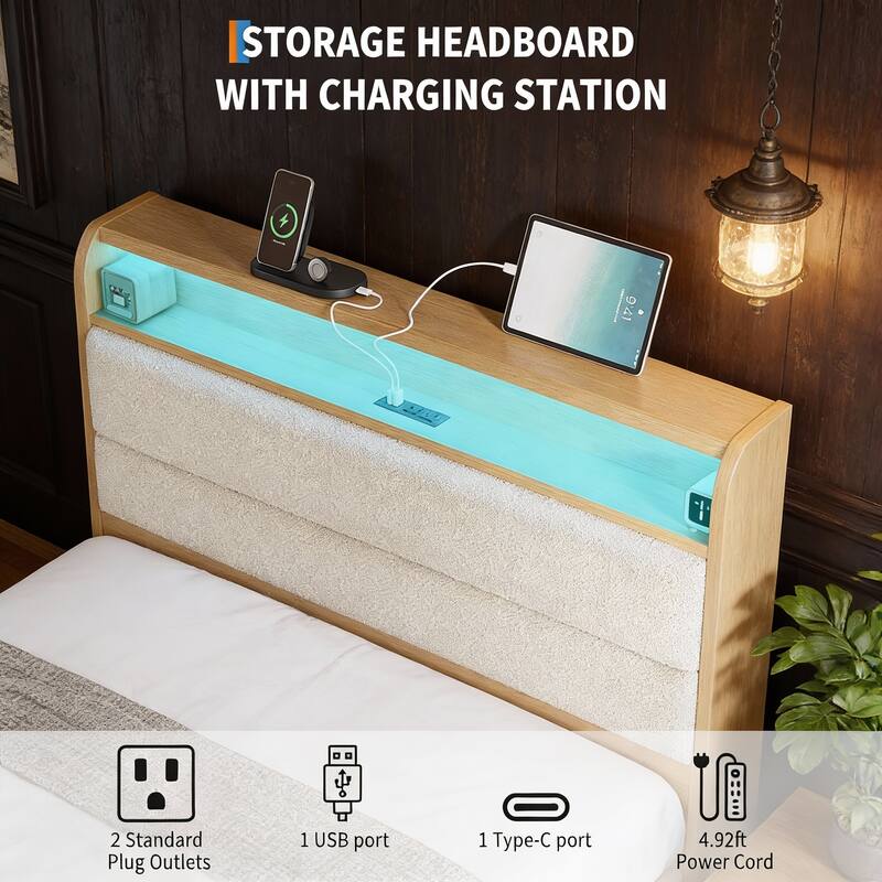 Bed Frame with LED Light, Storage Headboard and Charging Station
