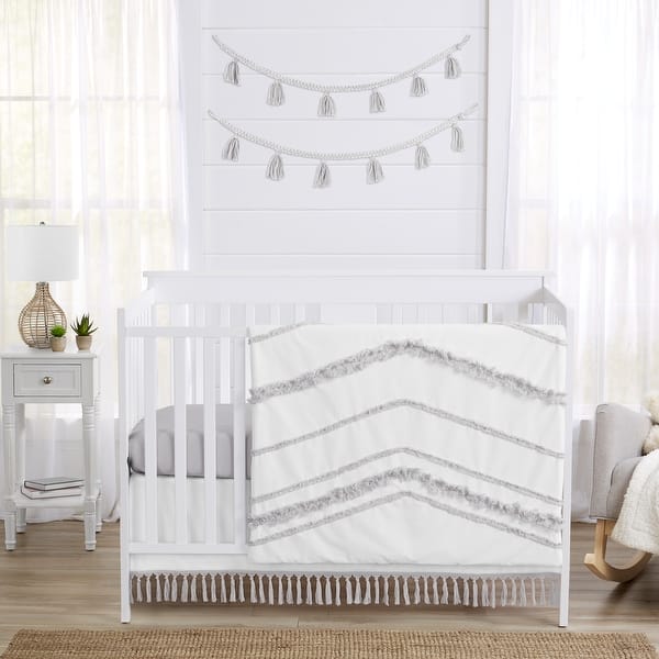 slide 2 of 6, Boho Bohemian Boy Girl 4pc Nursery Crib Bedding Set - Grey White Farmhouse Shabby Chic Modern Gray Tufted Fringe Neutral Unisex