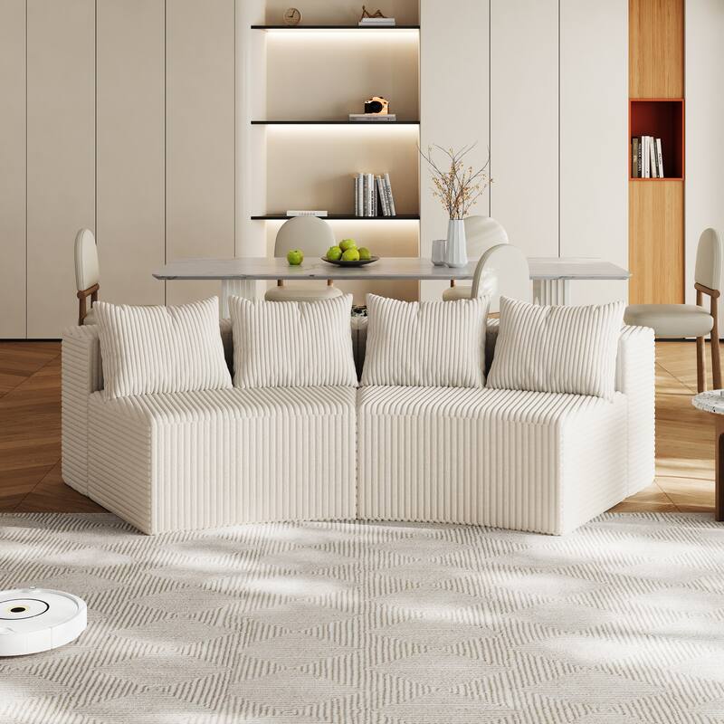 Modular Curved Loveseat Couch Corduroy Sectional Sofa with 4 Pillows - Beige