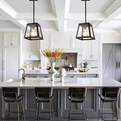 Minimalist Square Metal & Glass Chandelier - 1-Light Black Lantern Ceiling Fixture