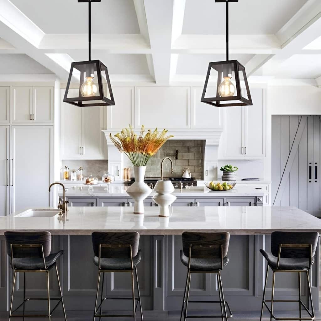 Minimalist Square Metal & Glass Chandelier - 1-Light Black Lantern Ceiling Fixture