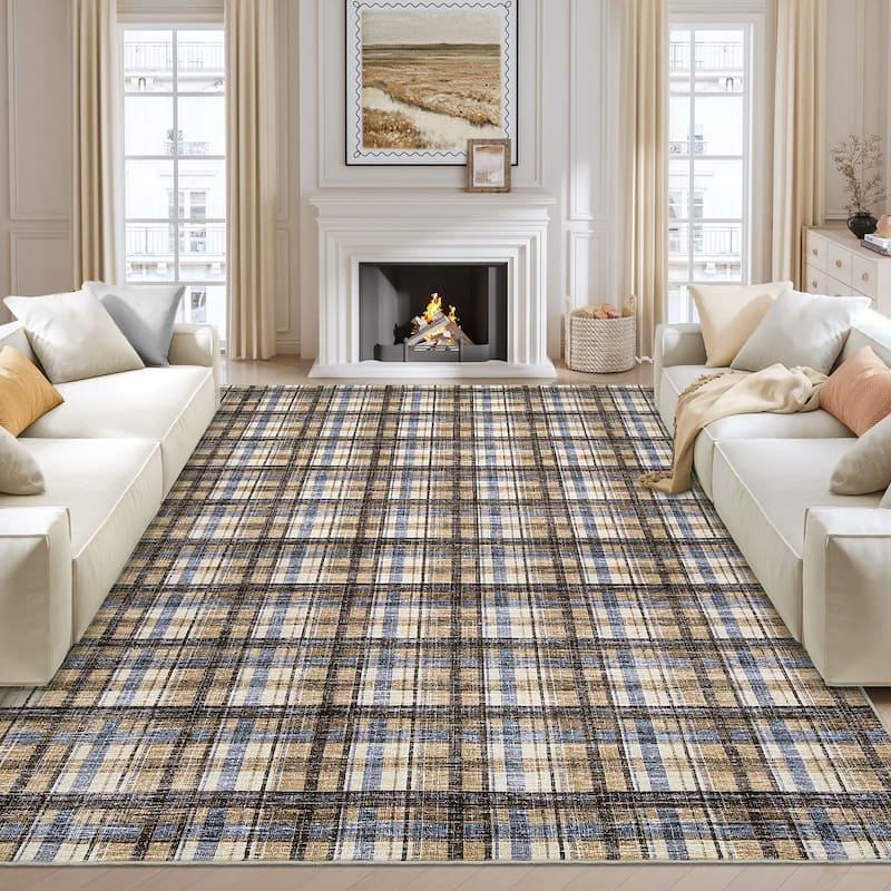 Garvee Timeless Check Washable Area Rug - 5'x7' - Blue/Camel