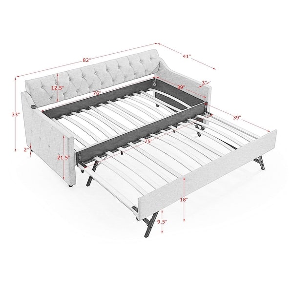 slide 2 of 12, Twin Size Upholstery DayBed with Twin Size Erectable Trundle and USB Charging Design, Linen Grey Grey