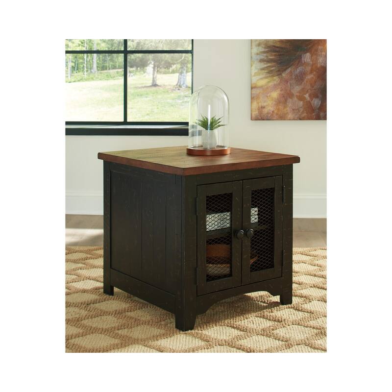 Valebeck Black/Brown Pinewood Rectangular End Table - Black - Veneer