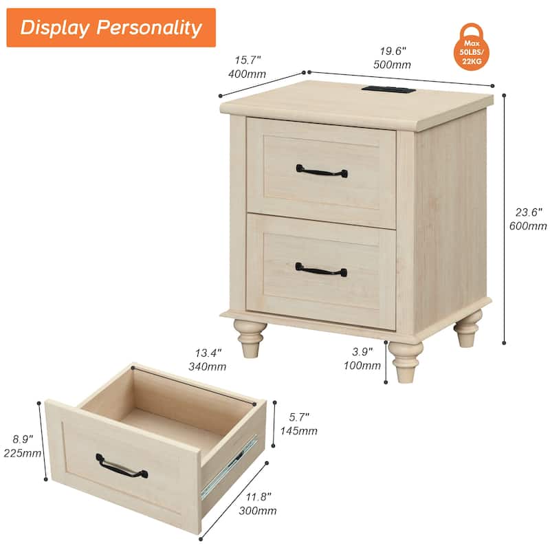 Nightstand with Charging Station, 2-Drawer End Table for Bedroom