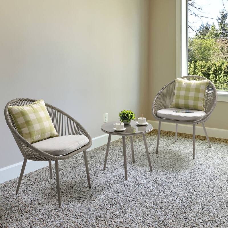 Outdoor 3 Pieces Patio Woven Rope Bistro Set with Cushions - Beige