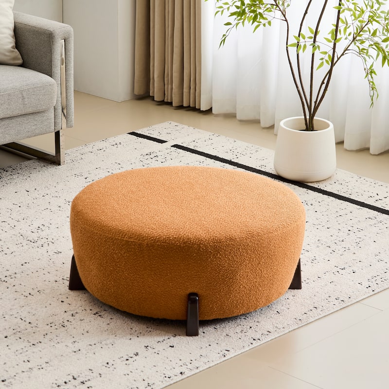 Modish Pumpkin Orange Round Ottoman - Boucle Top with Splayed Rubber Wood Legs - Natural Wood,Pumpkin Orange