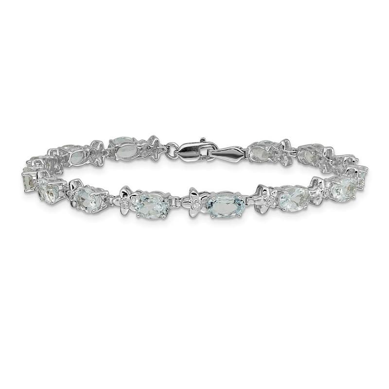 Curata 5mm 14k White Gold Floral Diamond Aquamarine Bracelet