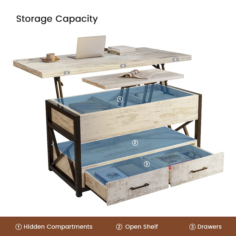 Coffee Table Lift Top 2 Drawers Hidden Compartment for Living Room