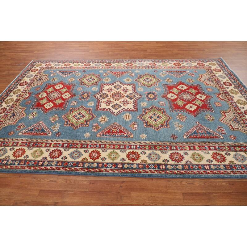 Blue Kazak Oriental Area Rug Hand-Knotted Wool Carpet - 6'7" x 9'10"