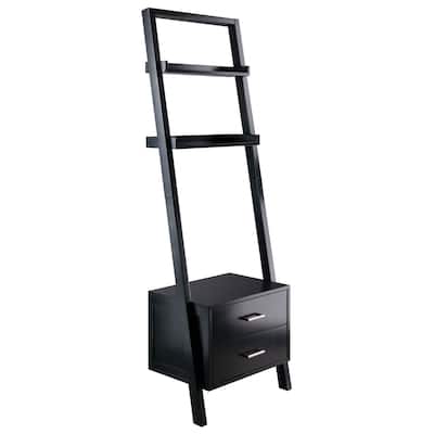 Modern Black Leaning Ladder Bookshelf with 2 Drawers and 2 Shelves for Entryway or Living Room