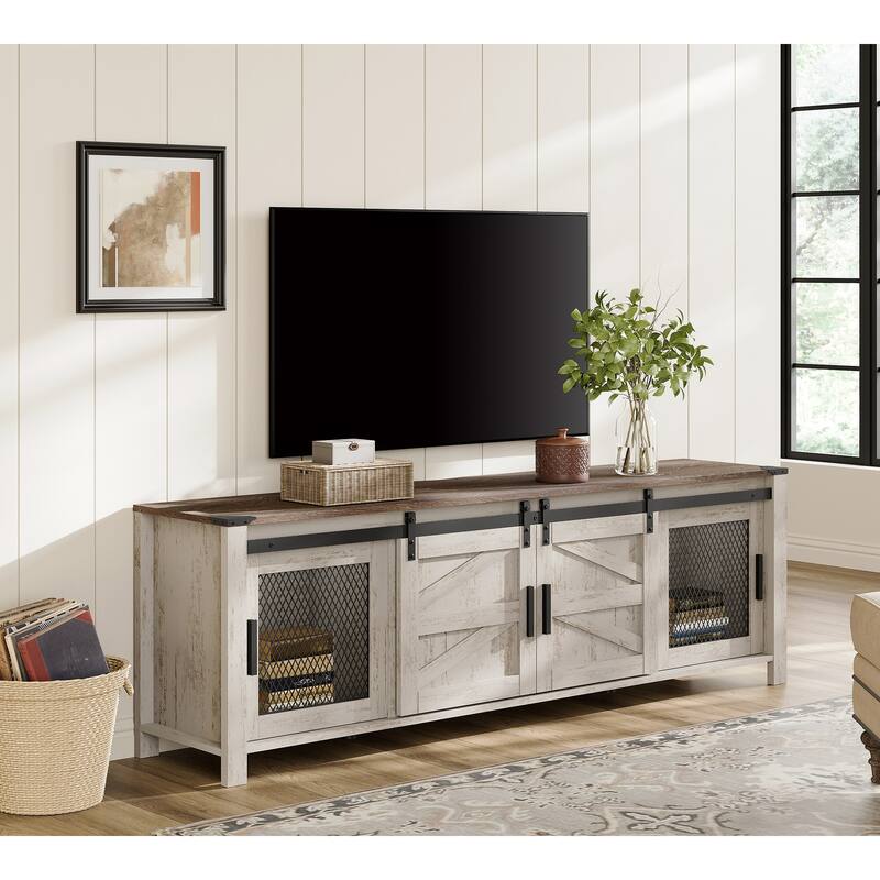 Sliding Barn Door TV Stand Cabinet, Entertainment Center for 75" TV - Oak and white
