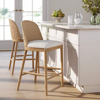 Rikki Seagrass Bar Stool with Back, Cream Boucle Counter Stool with Upholstered Seat and Solid Wood Legs