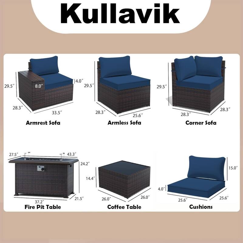 Delnavik 13 Pieces Outdoor Patio Furniture Set with Fire Pit Table w/ Wide Armrests