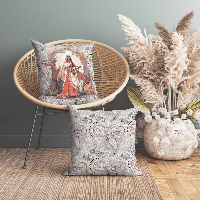 Forest Melodies Faux Suede Reversible Throw Pillow White and Orange