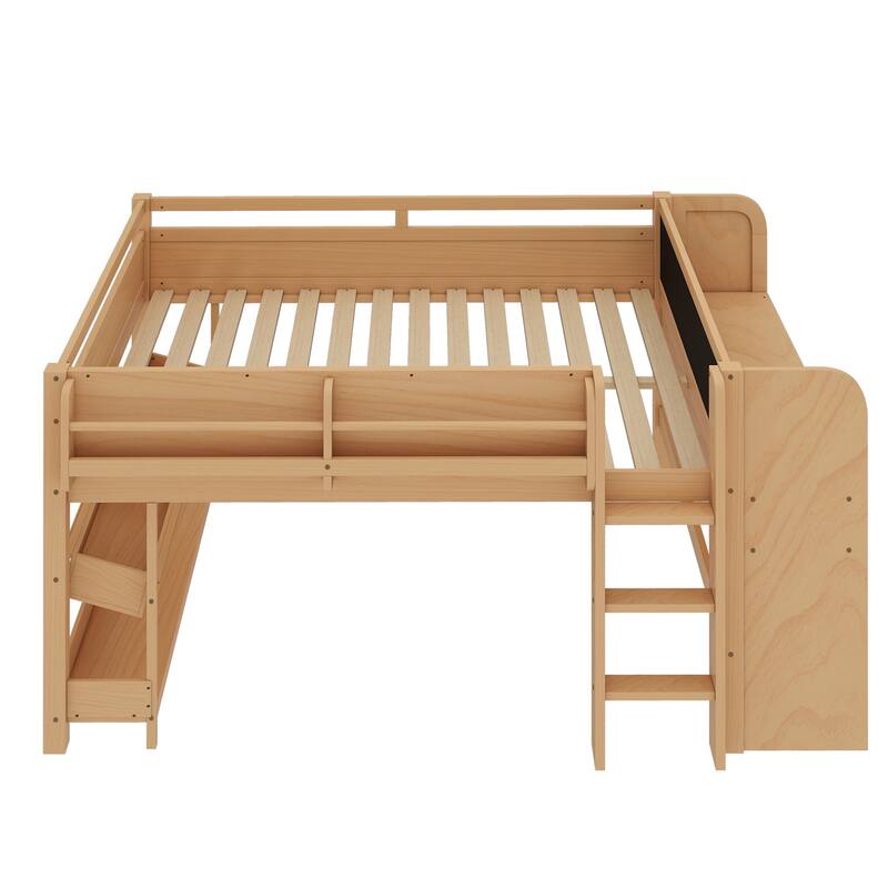 Full/Twin Size Loft Bed with Built-in Desk, Multi-Storage Bookcases & Blackboard, Solid Wood Low Loft Bed Frame