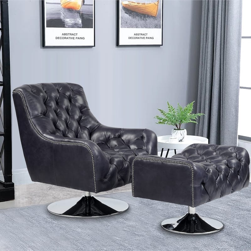 Genuine Leather Swivel Tufted Nailhead Accent Chair Top-grain Leather Lounge Chair and Ottoman Set - Dark Blue