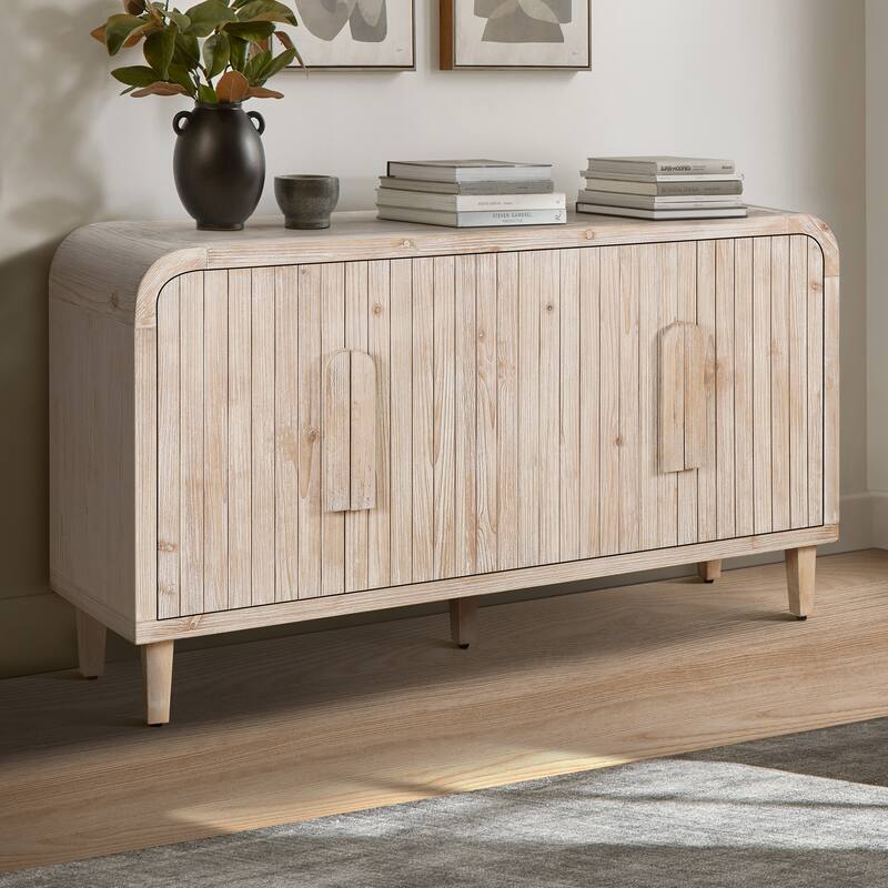 Curved Cabinet with Vertical Wood Grain Carving, 4 Door Sideboard with Adjustable Shelves, Accent Cabinet with Wooden Handles