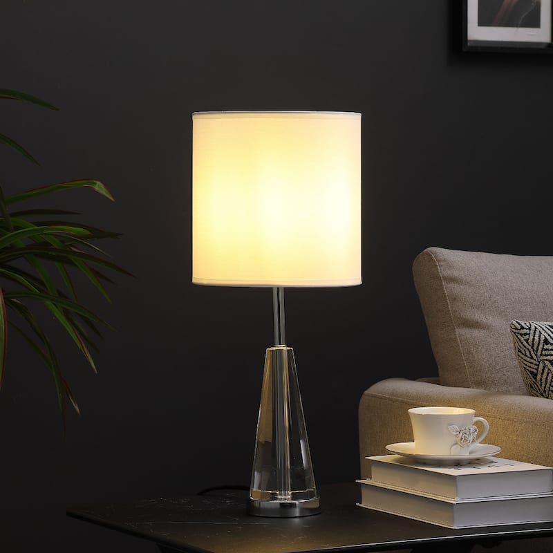 Silver Metal Bedside Table Lamp with White Linen Drum Shade and In-Line Switch - 9” x 9” x 21.5” (D x W x H)