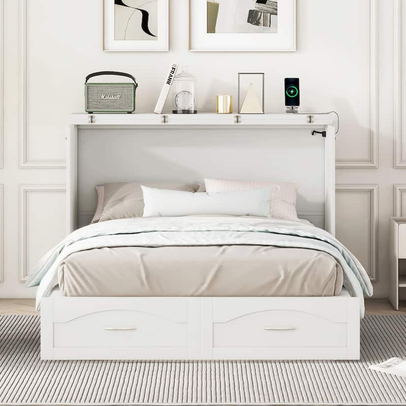 Full Size Murphy Bed Chest Wooden Wall Cabinet Bed with Drawer and Charging Station, Foldable Platform Wall Bed Frame - White - Full