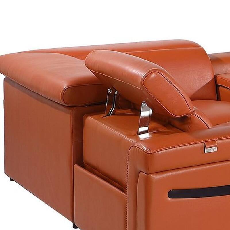HomeRoots Camel Italian Leather Power Reclining U Shaped Eight Piece Corner Sectional With Console